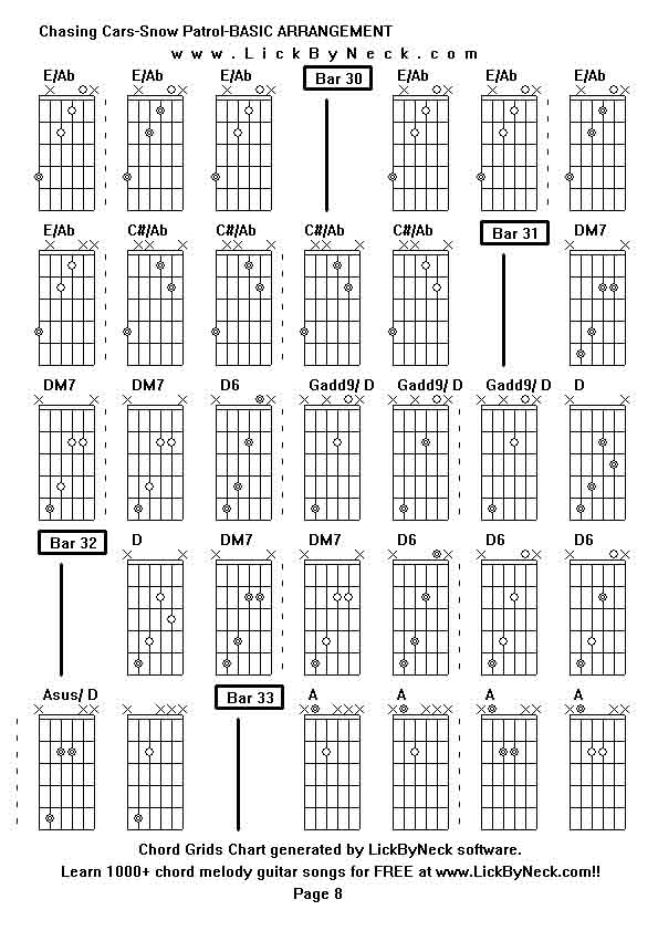 Chord Grids Chart of chord melody fingerstyle guitar song-Chasing Cars-Snow Patrol-BASIC ARRANGEMENT,generated by LickByNeck software.